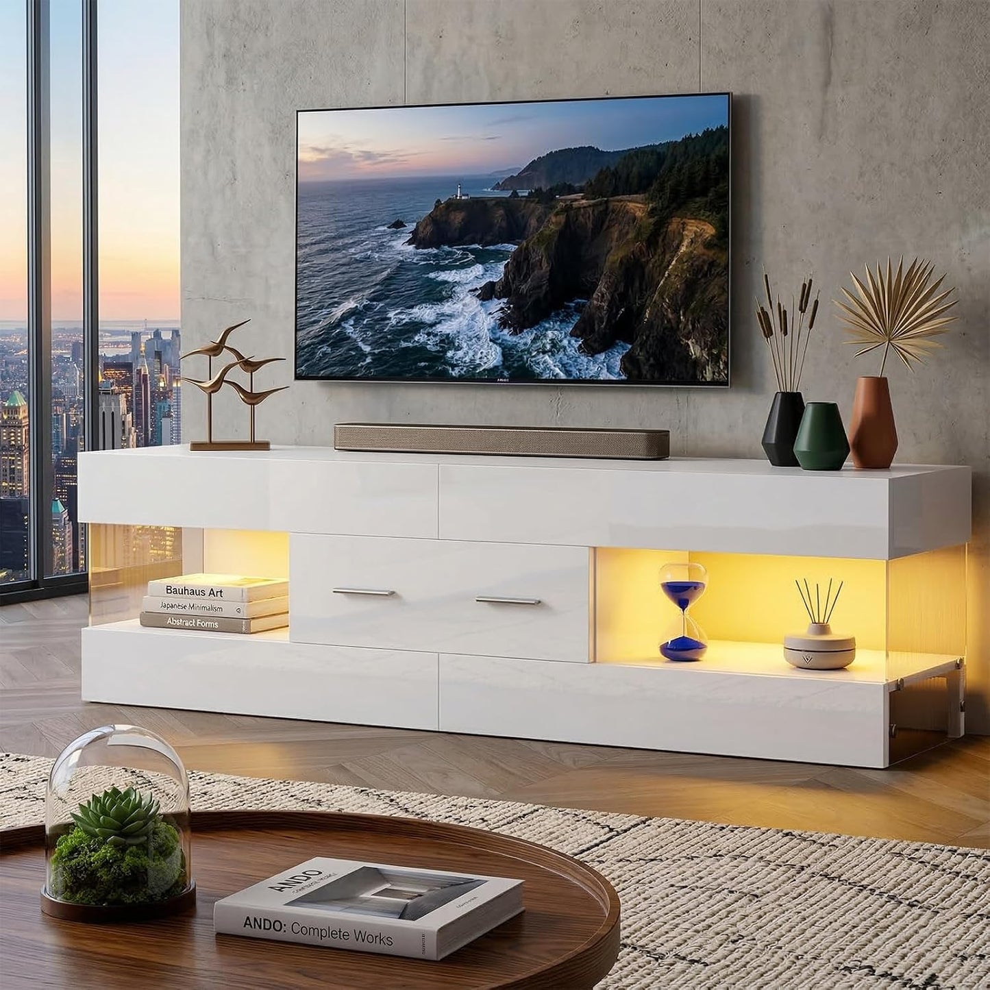 Bestier 60 Inch White Modern TV Stand, LED Entertainment Center Console | Fits up to 65 in TV, High Gloss White with Stone Pattern, Large Storage Drawer & Open Shelves, LED Lights for Living Room