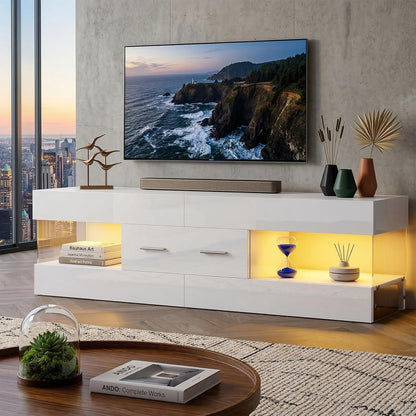 Bestier 60 Inch White Modern TV Stand, LED Entertainment Center Console | Fits up to 65 in TV, High Gloss White with Stone Pattern, Large Storage Drawer & Open Shelves, LED Lights for Living Room