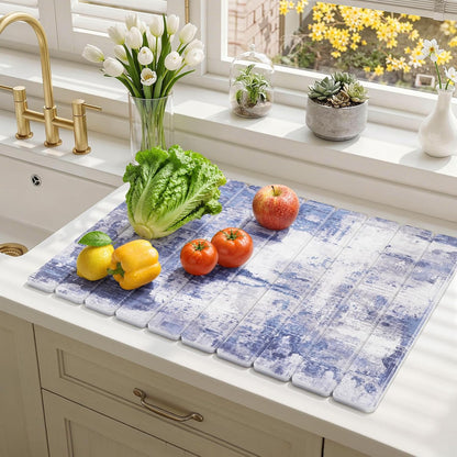 Findosom Large Stone Dish Drying Mat for Kitchen Counter, 23.6" × 15.3" Foldable Non-Slip Stone Drying Mat with Abstract Pattern, Heat Resistant Diatomaceous Earth Mat for Bath, Dishes, Cups, Blue
