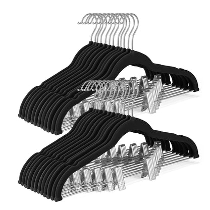 HOUSE DAY Skirt Hangers 24 Pack, Velvet Pants Hangers with Adjustable Clips | Black, Space Saving Slim Shorts Hanger, Heavy Duty Non Slip Clip Hanger for Pants, Skirts, Shorts - 0-15inch Movable Clips