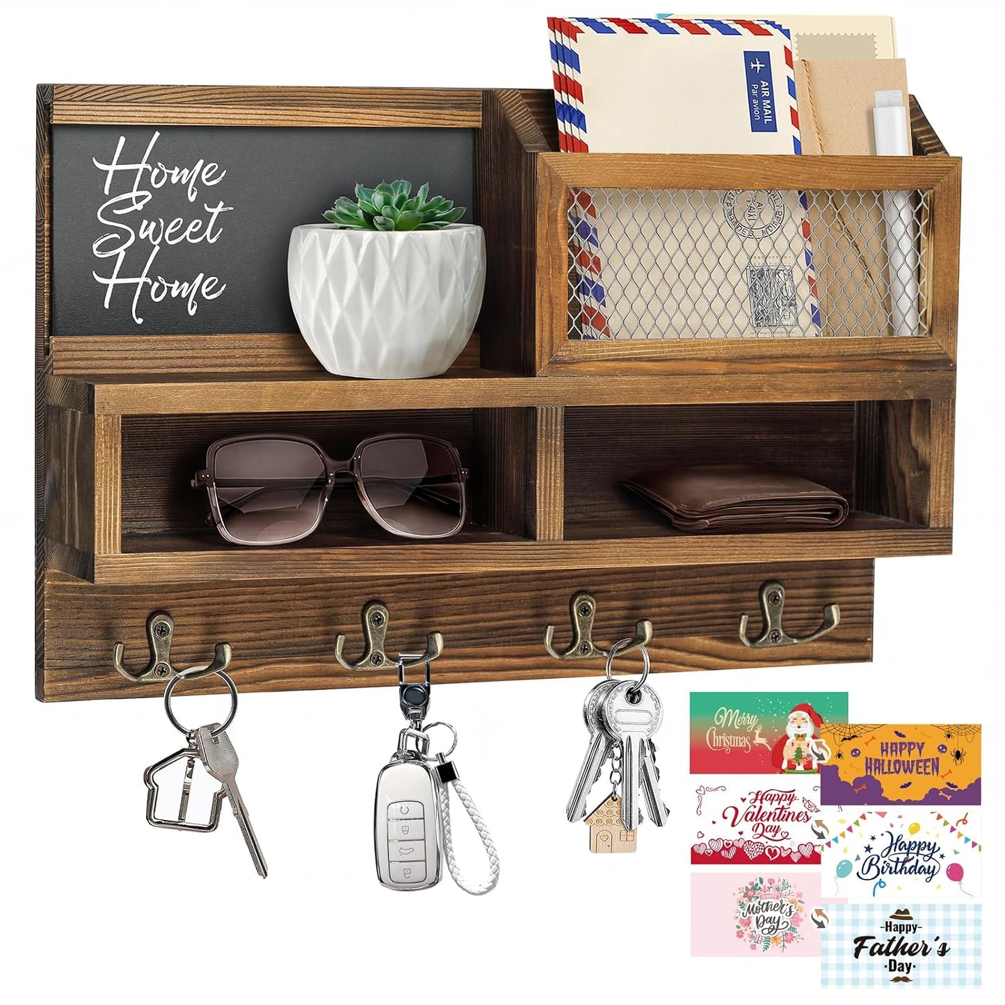 Key Holder Wall Mount, Wooden Mail and Key Organizer, Brown | Rustic Farmhouse Style, 4 Double Hooks, Includes 2 Storage Box, Small Shelf, Mail Slot, for Entryway, Doorway, Hallway, RV