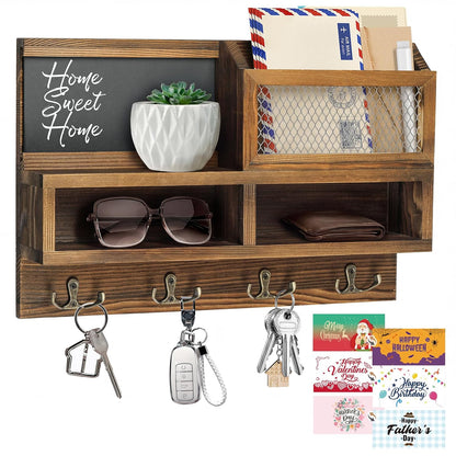 Key Holder Wall Mount, Wooden Mail and Key Organizer, Brown | Rustic Farmhouse Style, 4 Double Hooks, Includes 2 Storage Box, Small Shelf, Mail Slot, for Entryway, Doorway, Hallway, RV