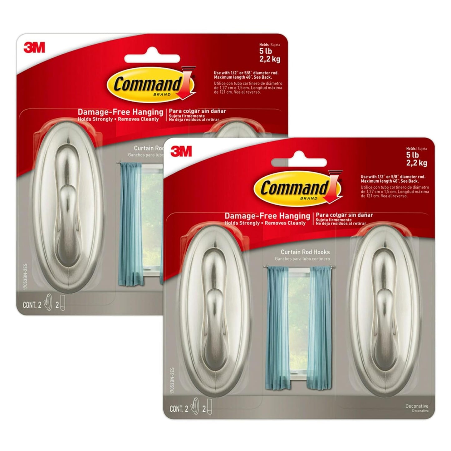 Command 5 lb Large Brushed Nickel Color Hooks, 2-Pack of 2 Wall Hooks and 2 Strips, Damage Free Coat Hooks with Adhesive Strips, Traditional Hooks for Hanging Christmas Decorations