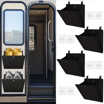 PUGPIU Wall Mounted Camper RV Shoe Rack Hanging Organizer Storage Foldable | Self-Adhesive Rv Shoe Holder - Space Saving for Camper Essential Home Travel with Deep Pocket Fit 1 Pair Shoes Black, 4 Pack