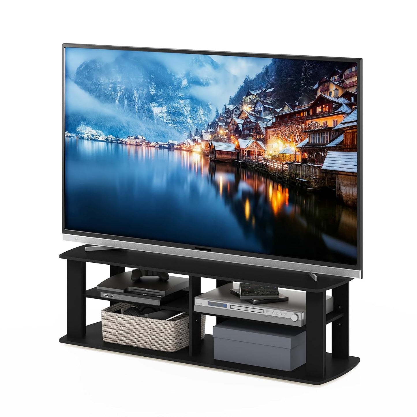 Furinno Nelly TV Stand, 3-Tier Entertainment Center with Open Shelves Storage, TV Console for TV up to 55 Inch, Soft Edges, for Living Room, Bedroom, Black