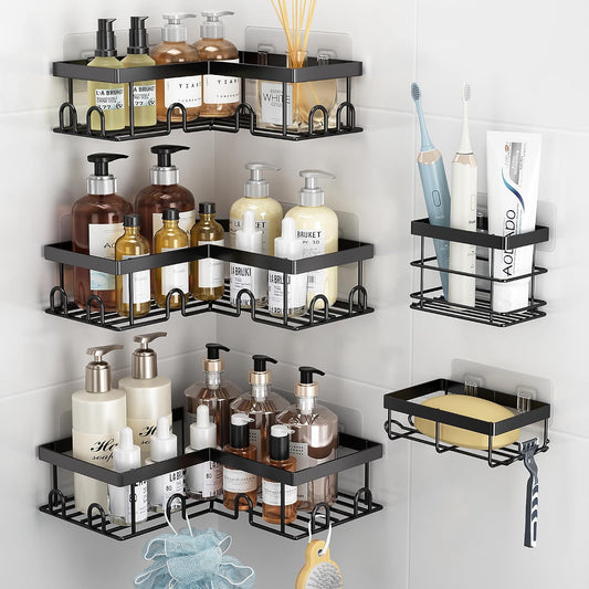 Corner Shower Caddy 5 Pack Adhesive Stainless Stee... (5 Count | Black | Stainless Steel)