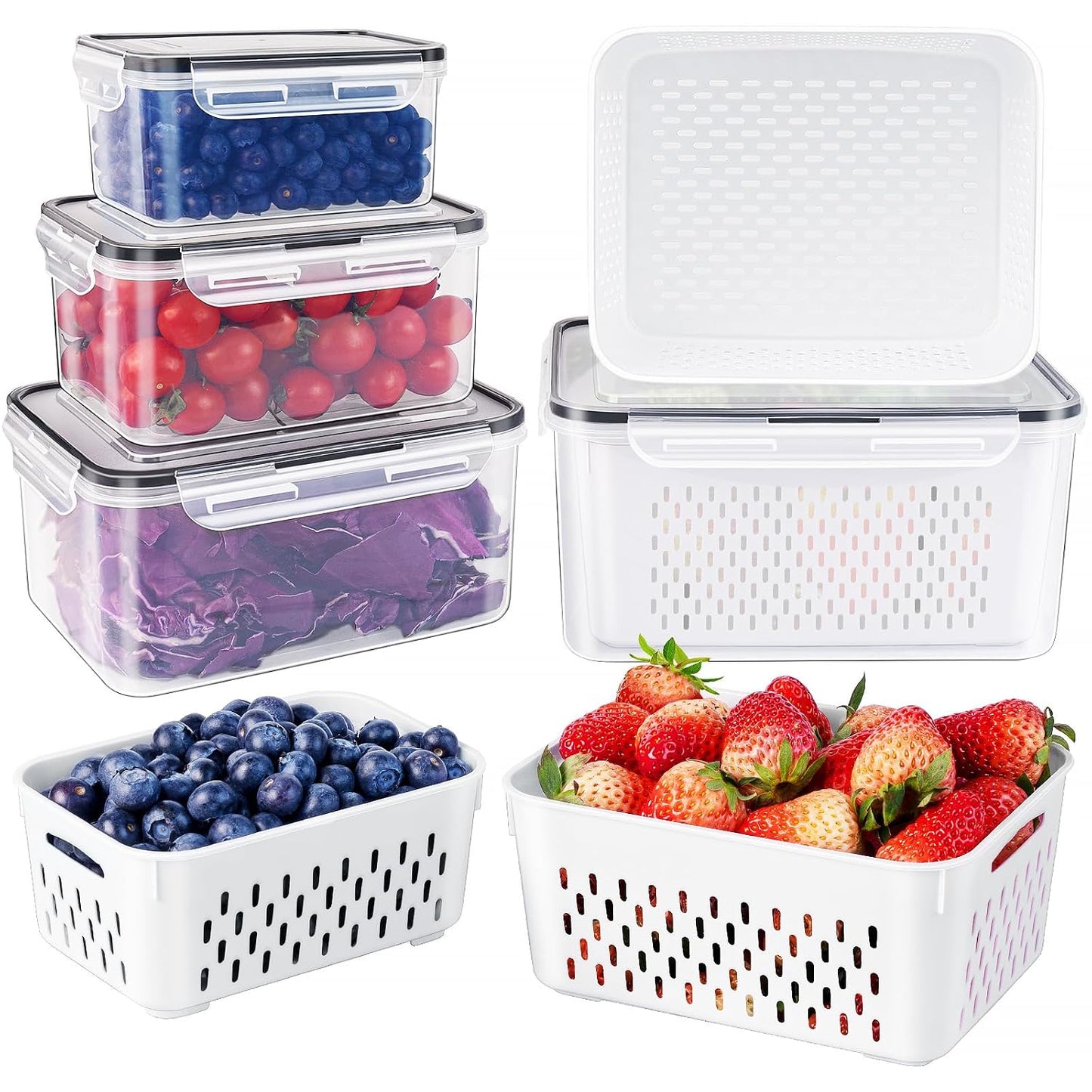 Fruit Storage Containers for Fridge with Removable Colander, Airtight Food Storage Container, Dishwasher Safe Produce Saver for Refrigerator, Keep Berry Fruit Fresh Longer 4 pcs Small Clear