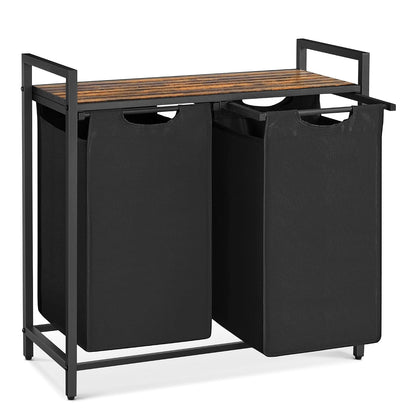 VASAGLE Laundry Hamper, Laundry Basket, Laundry Sorter with 2 Pull-Out and Removable Bags, Shelf, Metal Frame, 2 x 12.1 Gallons (46 L), 28.8 x 13 x 28.4 Inches, Ink Black and Rustic Brown UBLH201B01