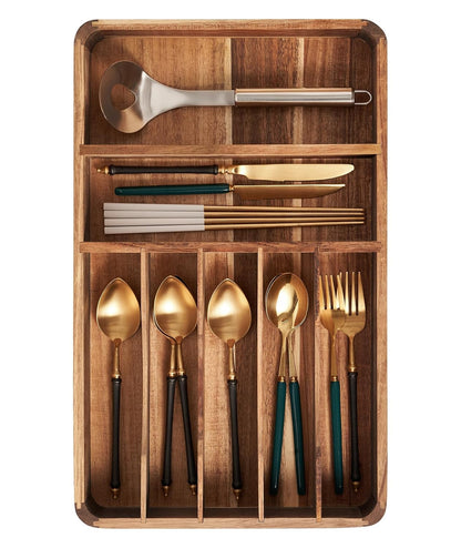 Silverware Drawer Organizer, Acacia Wood Tray for Cutlery & Flatware | Fixed 10.5" Wide, 7-Compartment Utensil Holder for Forks & Spoons