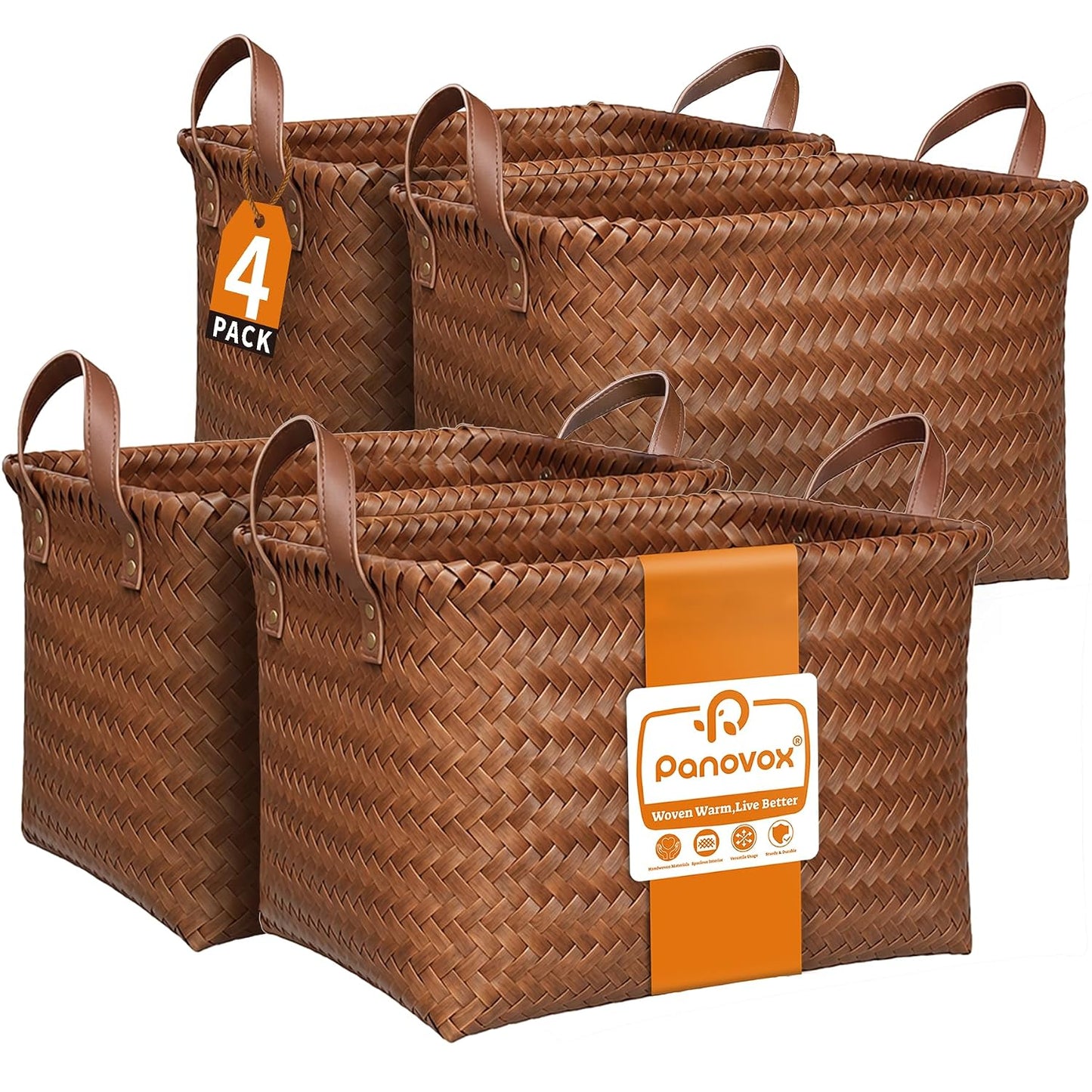Wicker Storage Baskets, 4 Pack Woven Baskets for Shelves, Brown | PP Rattan, Water-resistant Wicker Basket, Large Baskets with Faux Leather Handles for Blanket, Laundry Organizer, Room Decor