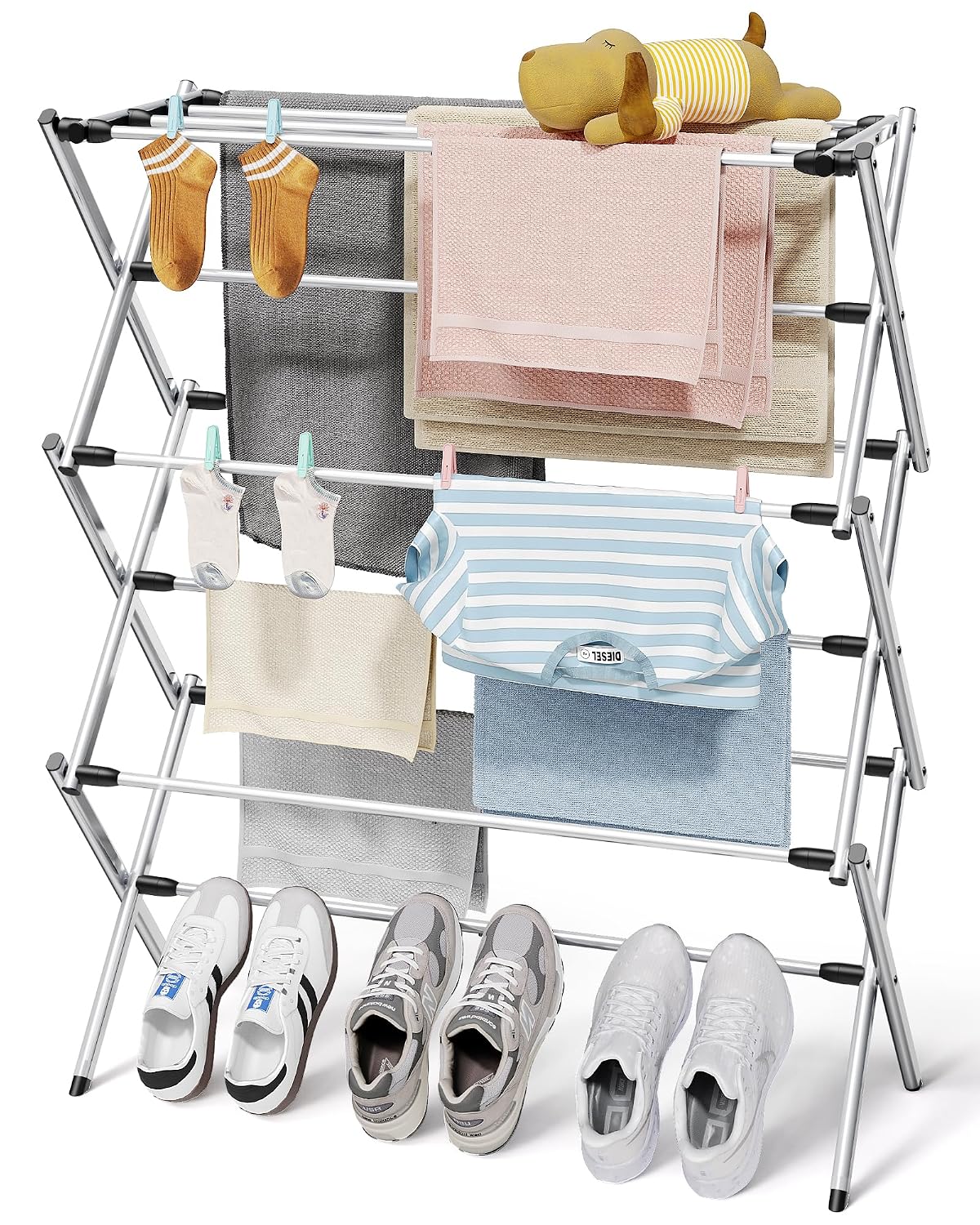 Foldable 3-Tier Clothes Drying Rack 37.4" H with Non-Slip Feet | Indoor & Outdoor Use, Space Saving, Metal Frame, 11.4" D x 29.1" W, Silver