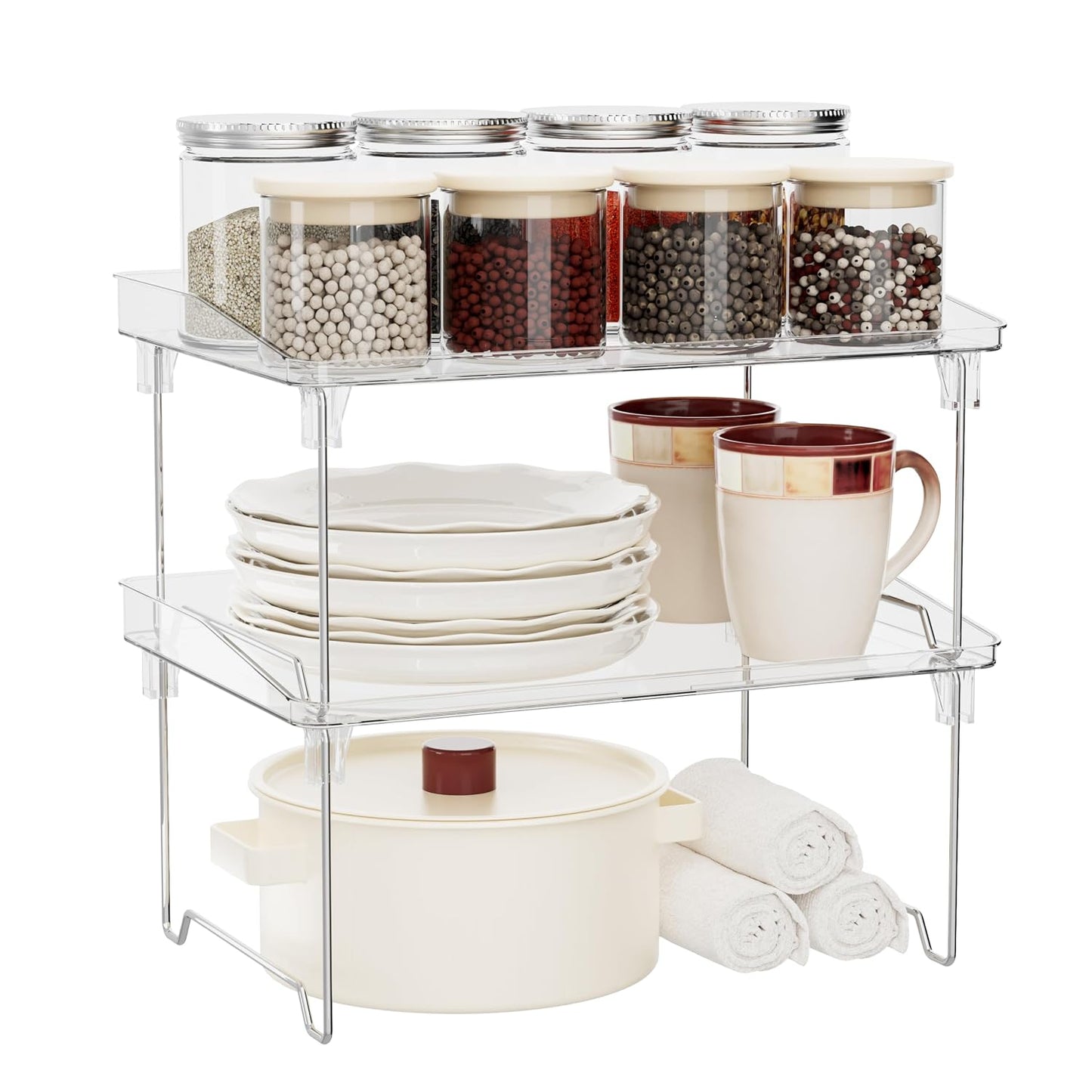 STARLATTA 2 Pcs Cabinet Organizer Shelf, Stackable Kitchen Counter Shelves, Spice Rack,Countertop Organizers, Clear Plastic Storage Shelves Rack for Makeup,Bathroom,Cupboard,Desk,Pantry Organization
