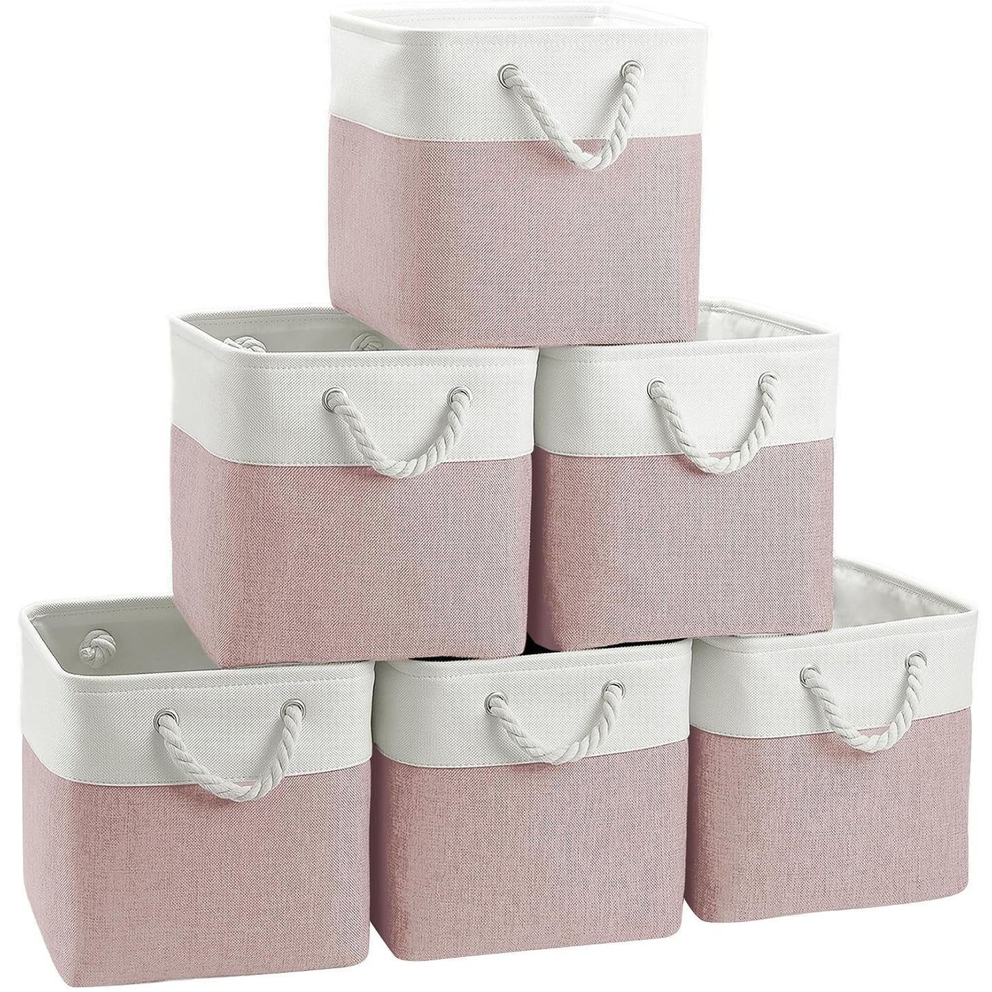 FinishingBo 11 inch Cube Storage Bin with Handles 6 Pack | Foldable Basket, Fabric Storage Bins, Closet Storage, Home Organizer (White/Pink)