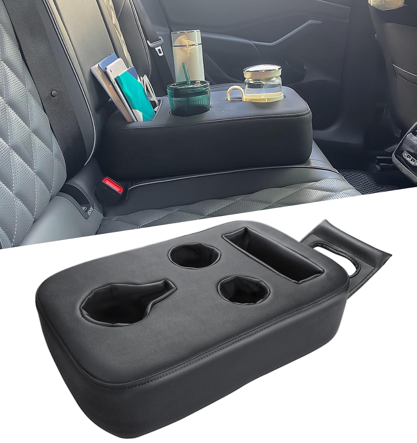 Sinvanho Car Cup Holder, Back Seat Cup Holder for Car Organizer | PU Leather Couch Sofa Bed Cup Holder Expander Tray, Boat Tray, Trucks, Minivans,SUVs,RVs,Vehicles,Holds Drinks,Remote,Snacks