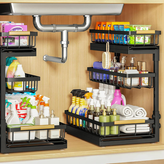 Under Sink Organizer and Storage 2 Pack 3 Tier Kitchen Bathroom Organizers | 3 Tier Black Undersink Organizers - Pull Out Cabinet Organization for Home Shelves and Drawers Cleaning Supplies Organizer