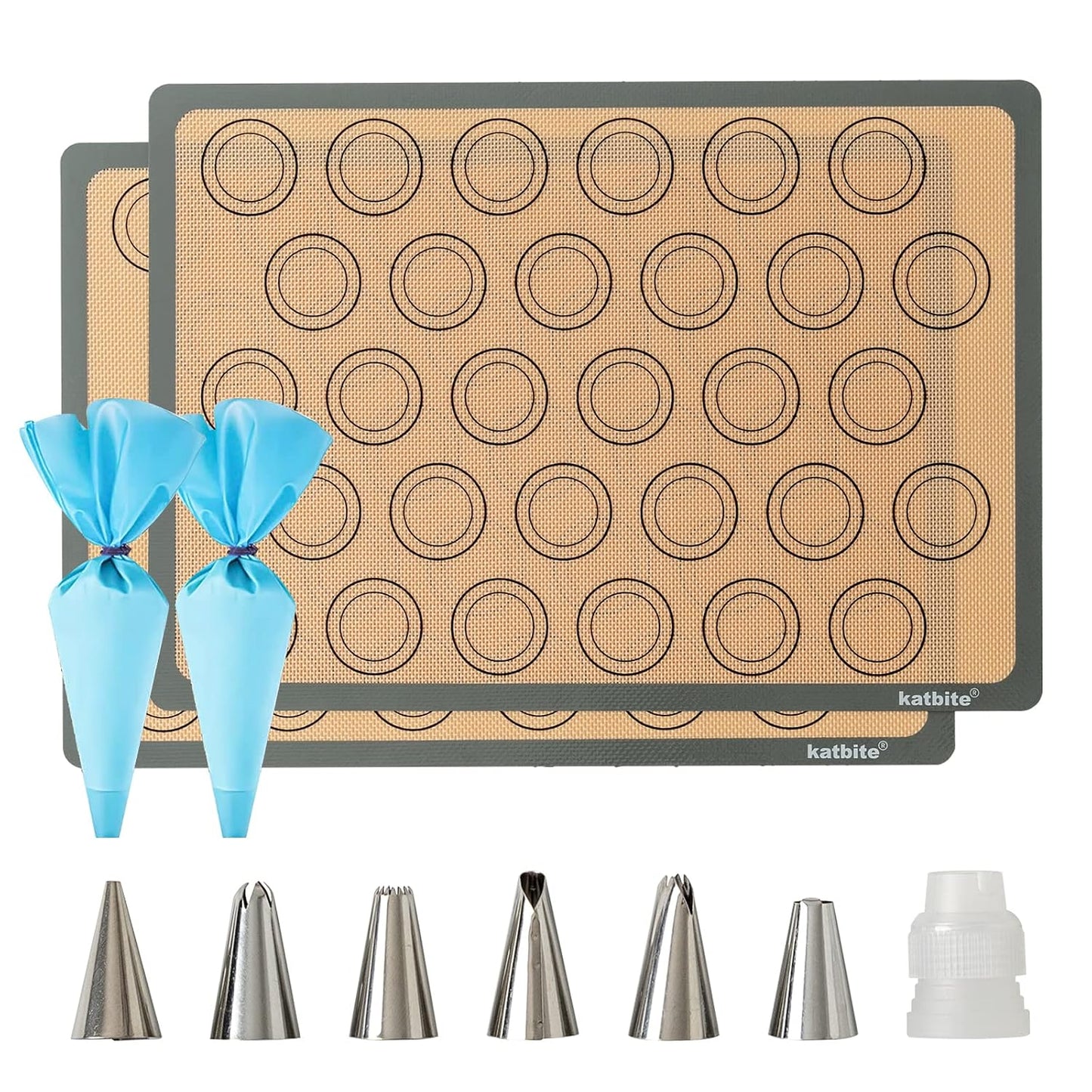 Katbite Macaron Silicone Baking Mat Set of 2 Grey | 2 Half Sheet Mats, Reusable & Nonstick Macarons Baking Supplies Silicone Bakeware Mats for Macarons Cookies