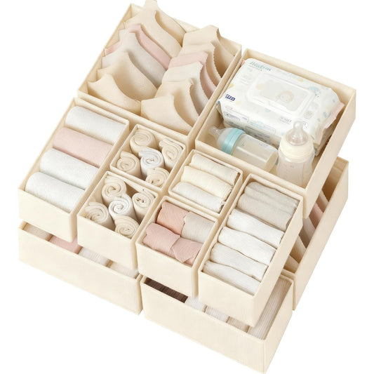 Drawer Organizer Clothes 12 Pack, Dresser Organizer for Nursery Bedroom Closet Organization and Storage - Baby Clothes Organizer Bins - Drawer Divider for Sock Underwear Bra Ties (Beige)