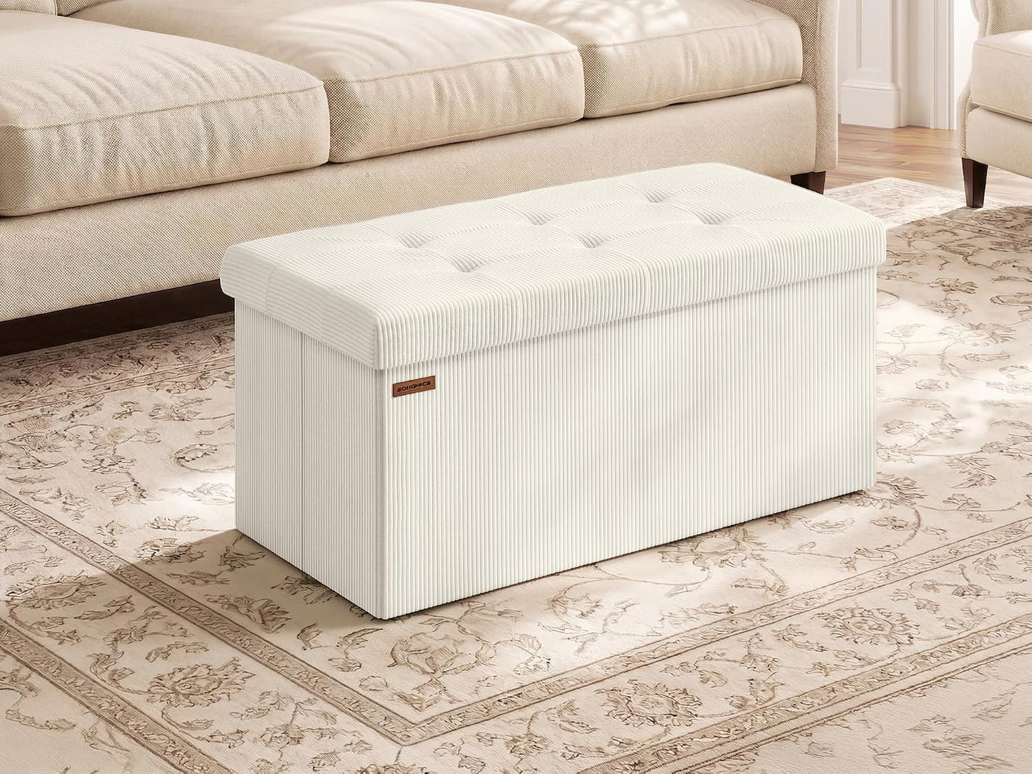 SONGMICS Mazie Collection - Storage Ottoman Bench, Foldable Foot Rest, 15 x 30 x 15 Inches, End of Bed Bench, Storage Chest, Load 660 lb, Living Room, Bedroom, Entryway, Cream White ULSF603W01
