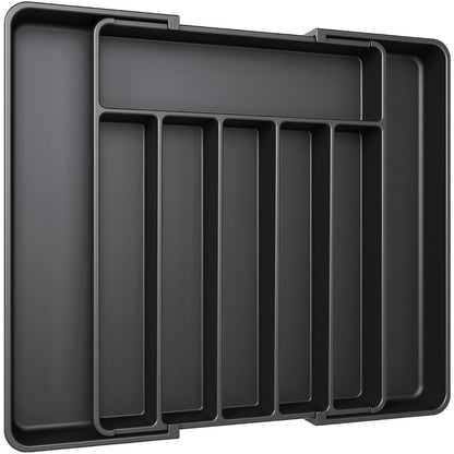 Aujen Silverware Drawer Organizer, Adjustable Utensil Cutlery Tray | Expandable Kitchen Organizer for Forks, Knives, Multipurpose Kitchen Storage , Apartment Essentials, Black, Large
