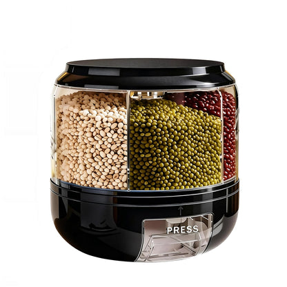 Rotating Grain Storage Bin 6 Grids Rice Container One-Click Output Large Capacity Food Dispenser For Rice Grains Sealed Moisture Proof Organizer (Black)