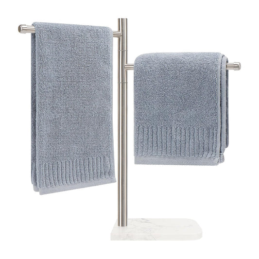Standing Hand Towel Holder, Hand Towel Stand with Marble Base, 304 Stainless Steel Towel Rack with 2 Swivel Arm, Countertop Stand Towel Ring Towel Bar for Bathroom (Brushed Nickel)