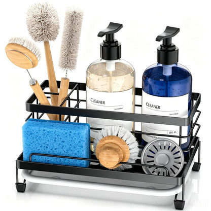Sponge Holder for Kitchen, Sink Caddy Organizer, Kitchen Sink Accessories with Drip Tray, Rustproof and Non-slip Kitchen Sink Sponge Holder (Black)