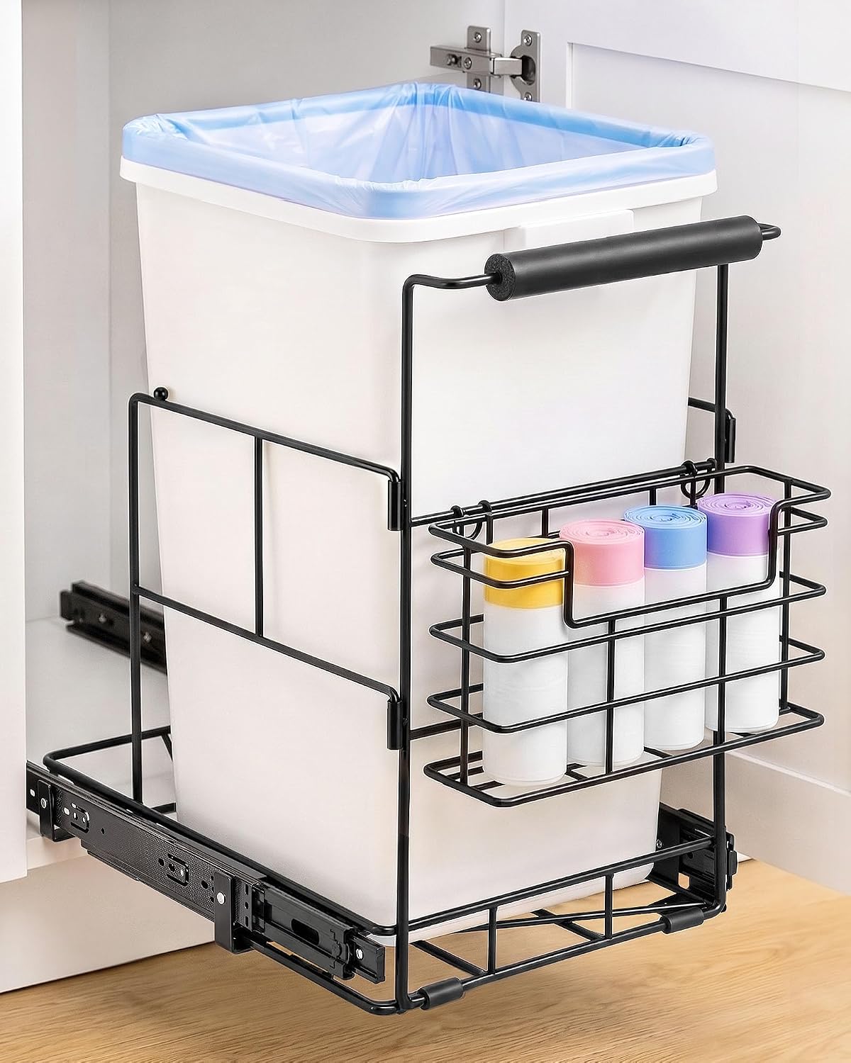 Bulado Pull Out Trash Can Under Cabinet with Removable Trash Bag Holder | Space Saving Under Sink Trash Can, Fits 30–40 Qt Bins, Supports 125 lbs, Easy Install, Soft-Close Slide, Bin Not Included