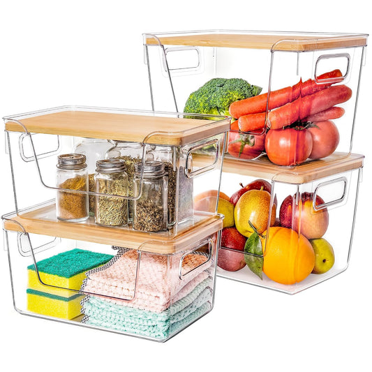 2 Large and 2 Small Pantry Organizers and Storage with Bamboo Lids, Stackable Clear Bins for Onion, Potato, Fruit, Vegetables, Trash Bag Dispenser, Kitchen and Under Sink Organizer
