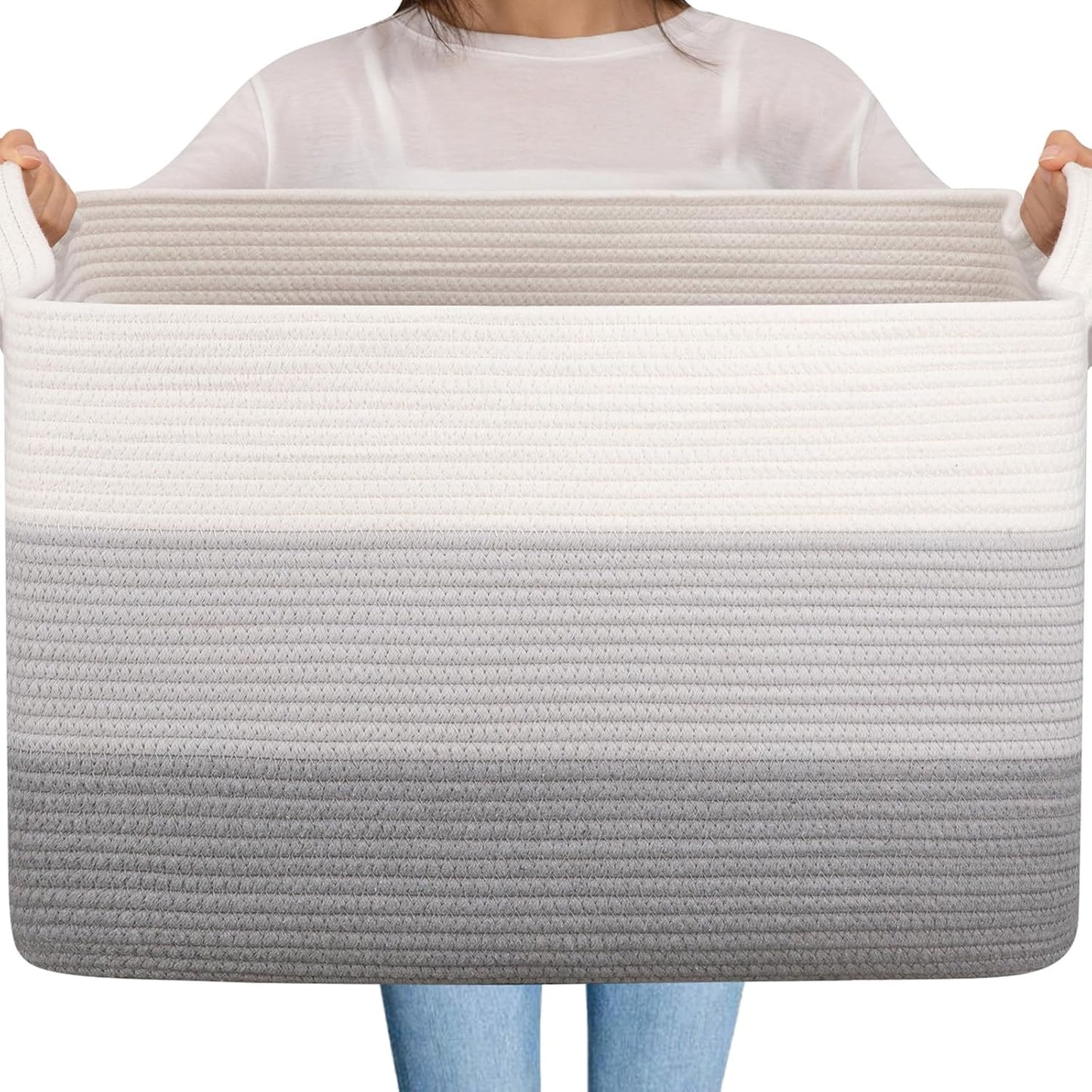 OIAHOMY Extra Large Blanket Basket, 95L Cotton Rope Woven Laundry Basket, Toy Bin for Baby Room, Container for Blanket Storage in Living Room, 24''×17''×14'', Gradient Grey