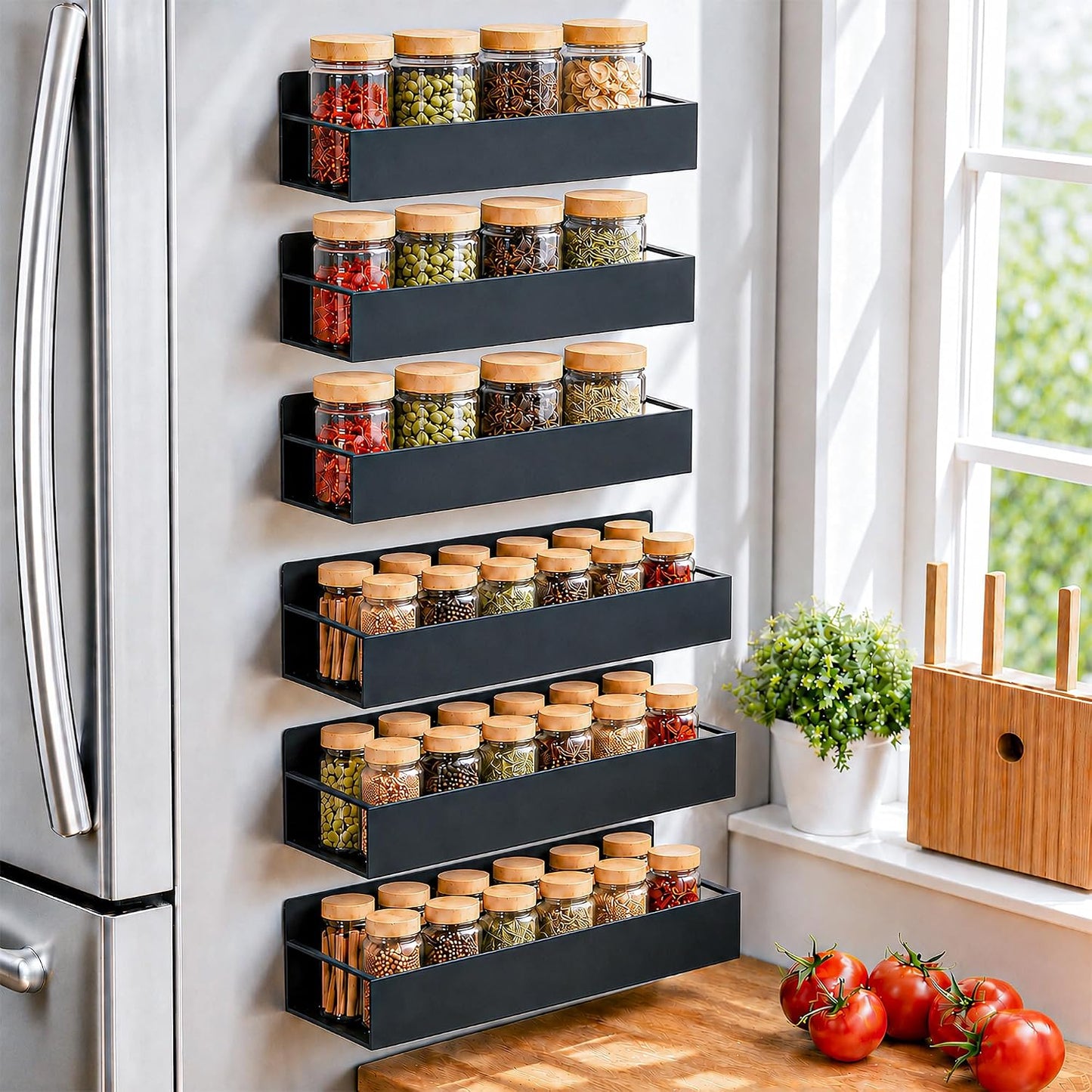 6 Pack Metal Magnetic Spice Rack for fridge, Heavy Duty | Iron + Magnet | Holds 9 lbs per shelf | Full-back magnets | Screws included | Climate Pledge Friendly
