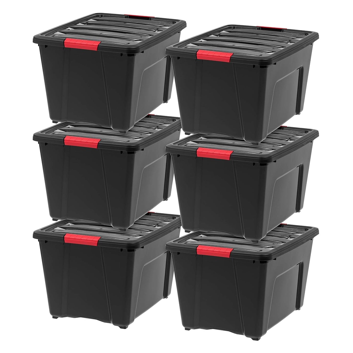 IRIS USA 6-Pack 54 Quart Storage Bins with Lids, Black | Black finish conceals stored items. Perfect for moving, blankets, clothing, and garage storage. Nestable design saves space