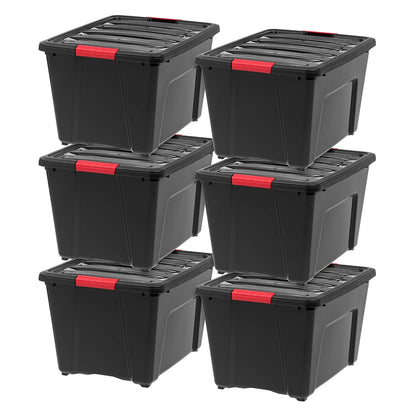 IRIS USA 6-Pack 54 Quart Storage Bins with Lids, Black | Black finish conceals stored items. Perfect for moving, blankets, clothing, and garage storage. Nestable design saves space