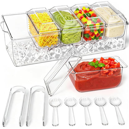 Condiment Tray, Chilled Condiment Server, Bar Accessories on Ice | Condiment Caddy for Home, Party and Celebration, Bar Accessories with Removable Trays and Lids (5 Spoons & 2 Tongs)