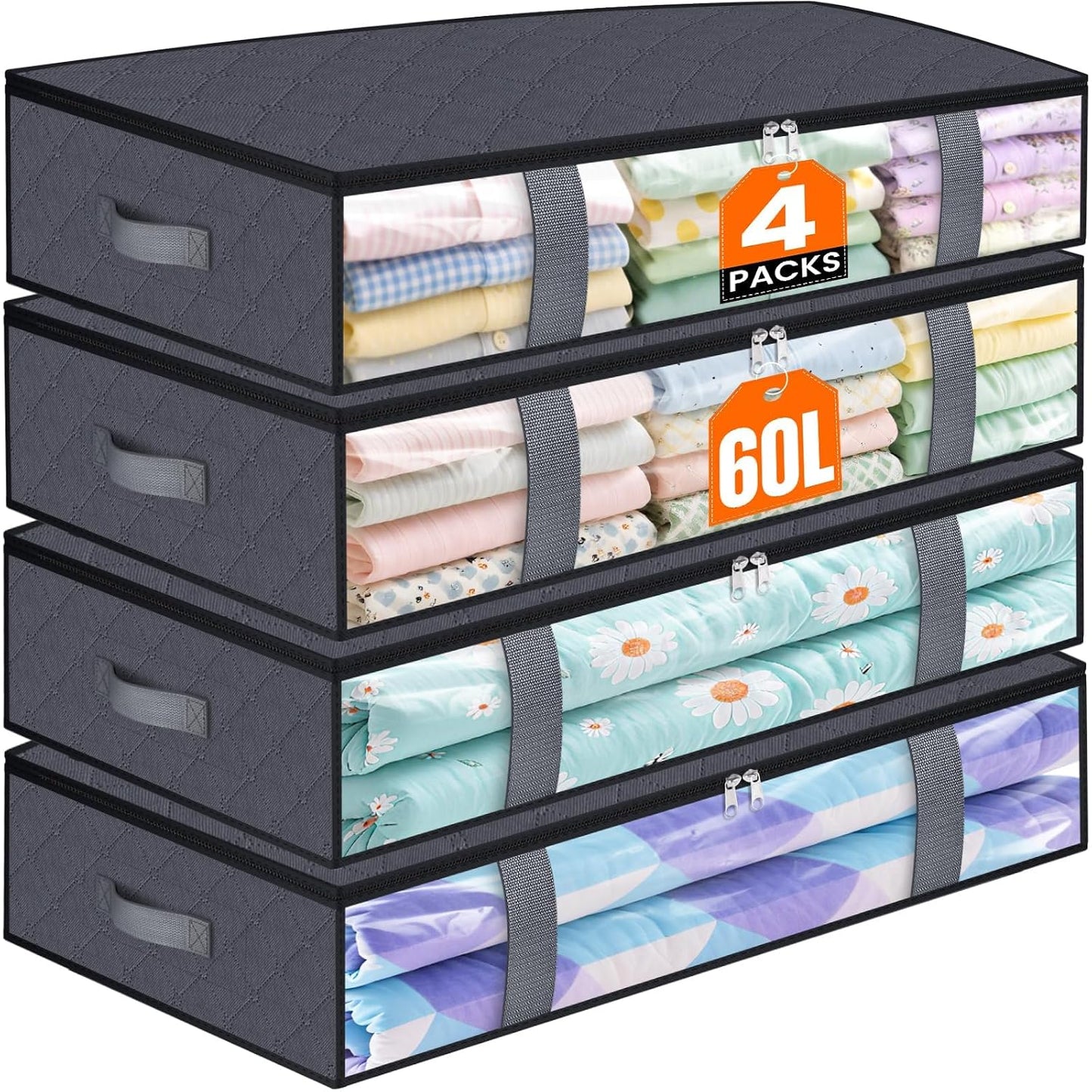 Under Bed Storage Containers, 4 Pack Blanket Storage Bags, Collapsible Storage Bags with Big Zippers, Clear Front, Shoe Storage and Organization for Clothes, Comforter, 60L, Grey