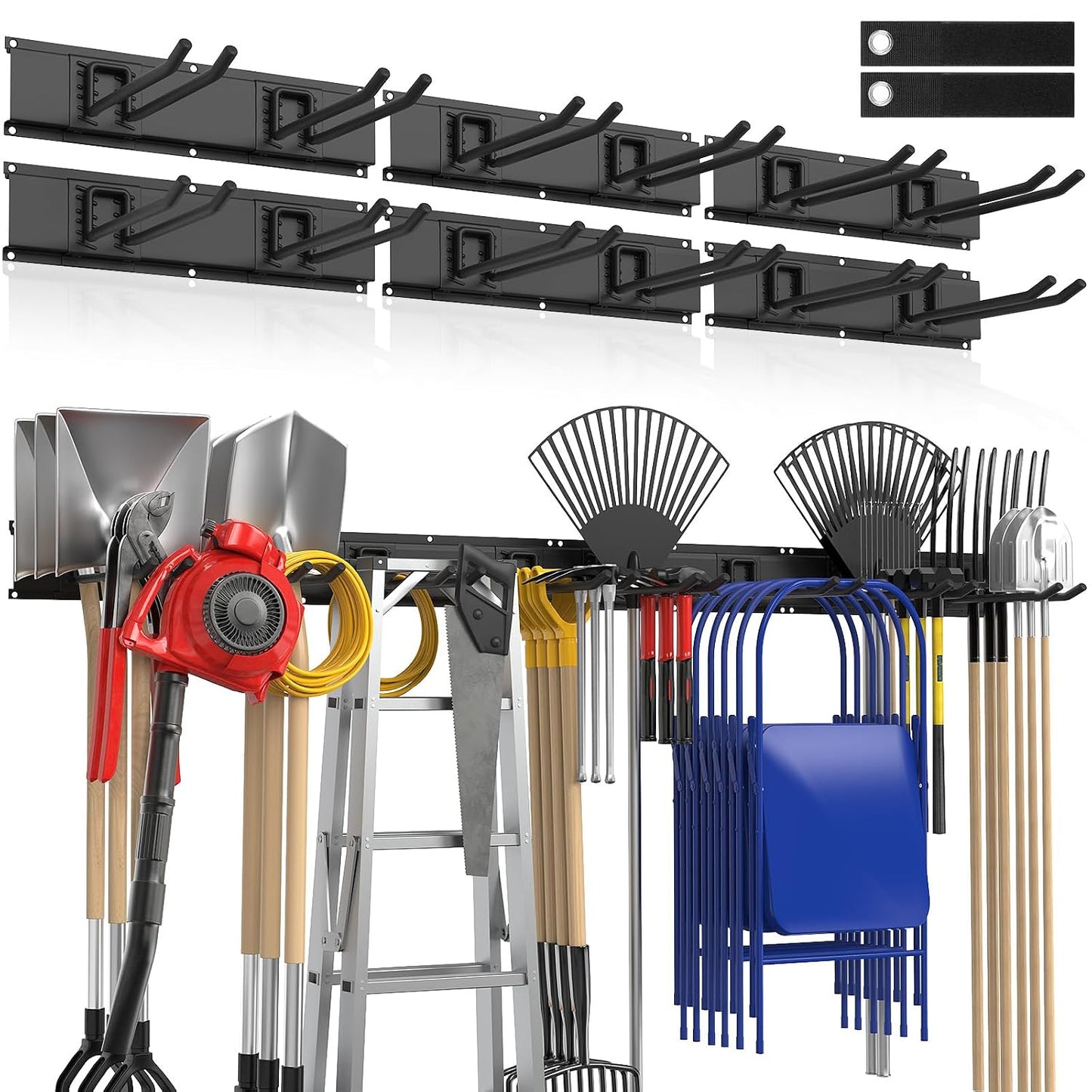 Housolution Garage Wall Organizer 96 Inch - 20Pack Carries 720 lbs | Garage Tool Storage System, 6 Rails with 12 Adjustable Metal Hooks, Garden Yard Shed Rack for Rake Broom Mop Snowboard