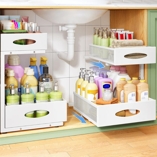 Under Sink Organizer, 2-Pack Pull Out Cabinet Organizer 2 Tier Metal Slide Out Storage Shelf Rack, L-Shaped Adjustable Height,Mesh Sliding Drawer for Kitchen, Bathroom, Laundry, Pantry, White, XL