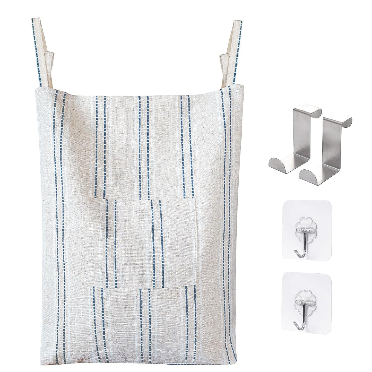 Farmhouse Hanging Laundry Hamper with 2 Hooks, Boho Beige & Blue Stripes Laundry Bag with Zipper & Wide Open Top, Over the Door Organizer for Dirty Clothes, Washable Space Saving Storage