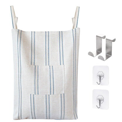 Farmhouse Hanging Laundry Hamper with 2 Hooks, Boho Beige & Blue Stripes Laundry Bag with Zipper & Wide Open Top, Over the Door Organizer for Dirty Clothes, Washable Space Saving Storage