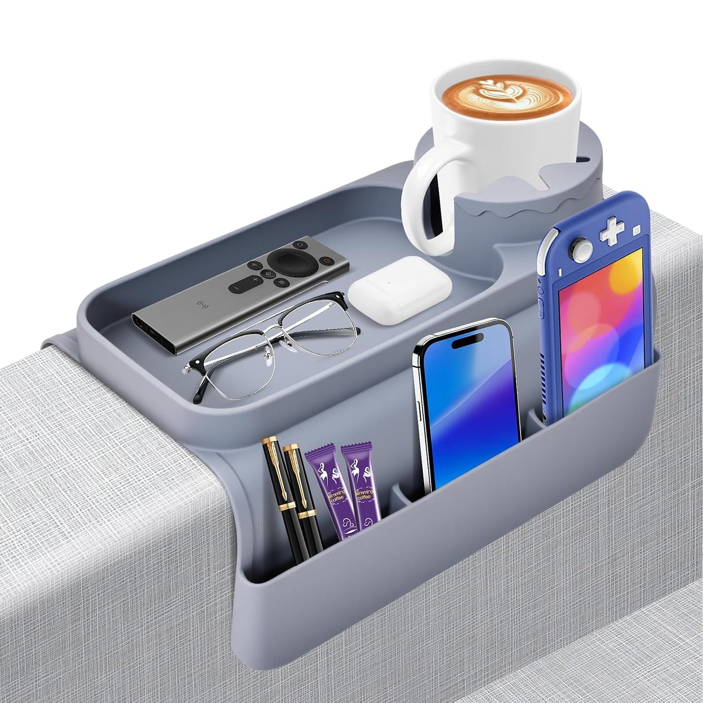 Couch Cup Holder Tray - Wide (6"+) ， Silicone Sofa Armrest Tray with Dual Pockets，Couch Arm Tray Anti-Slip Organizer for Drinks, Phone, Remote, Snacks | Heat Resistant for, Recliner, Car