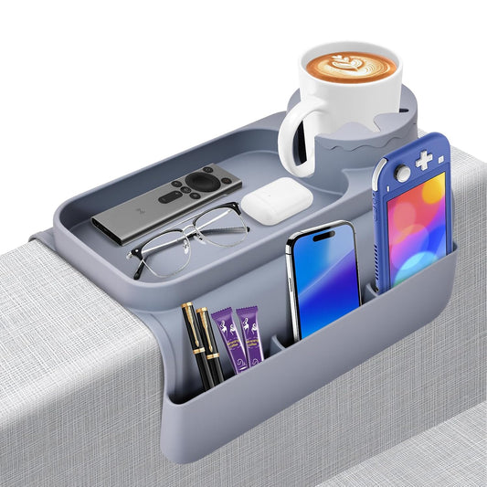 Couch Cup Holder Tray - Wide (6"+) ， Silicone Sofa Armrest Tray with Dual Pockets，Couch Arm Tray Anti-Slip Organizer for Drinks, Phone, Remote, Snacks | Heat Resistant for, Recliner, Car