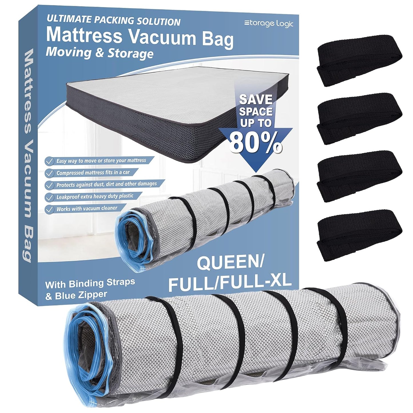 Foam Mattress Vacuum Bag with Blue Zipper, Mattress Storage Bag, Straps Included, Queen/Full/Full-XL