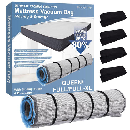 Foam Mattress Vacuum Bag with Blue Zipper, Mattress Storage Bag, Straps Included, Queen/Full/Full-XL