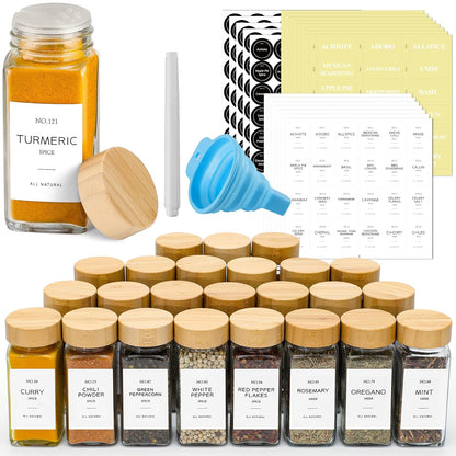 NETANY 24 Pcs Glass Spice Jars with Bamboo Lids, 4 oz Glass Jars with Minimalist Farmhouse Spice Labels Stickers, Collapsible Funnel, Seasoning Storage Bottles for Spice Rack, Cabinet, Drawer