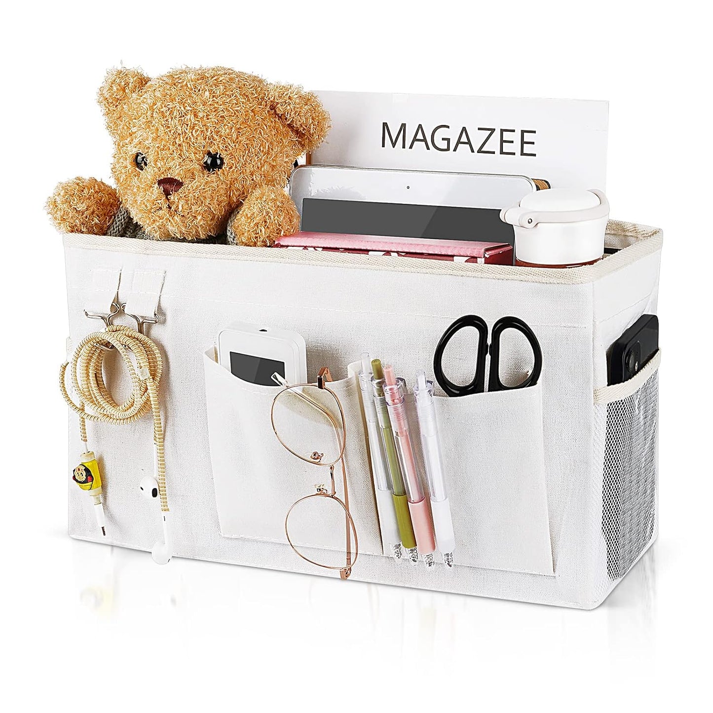Bedside Caddy Organizer Hanging Storage Bag Bunk Bed White | Bed Caddy with Magazine Water Bottle Phone Holder for College Dorm and Hospital Beds