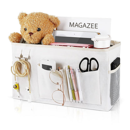 Bedside Caddy Organizer Hanging Storage Bag Bunk Bed White | Bed Caddy with Magazine Water Bottle Phone Holder for College Dorm and Hospital Beds