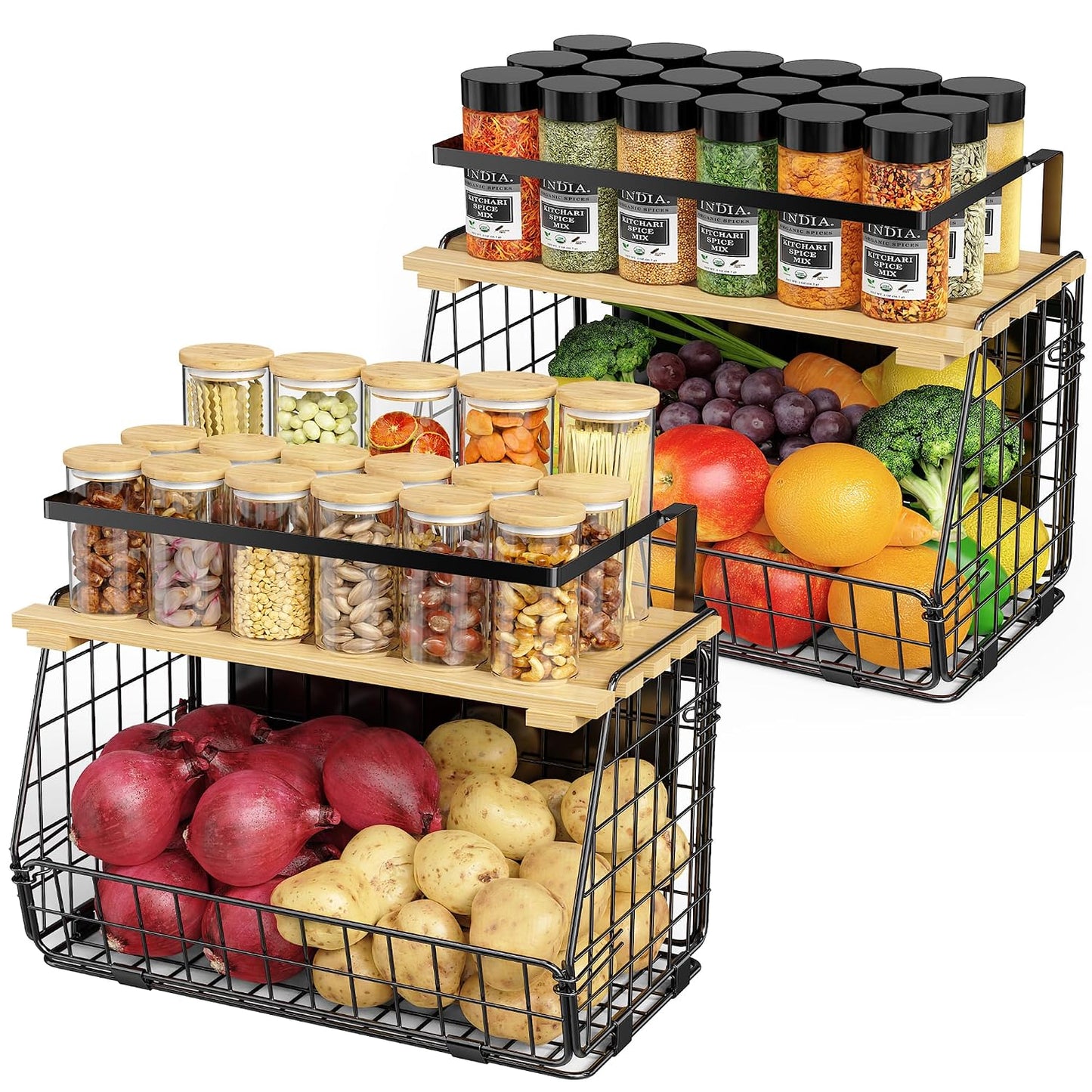 2 Pack Magnetic Shelf for Fridge, Fruit Potato Onion Storage Bins | Magnetic Basket with Lid, Side of Fridge Storage, Produce Basket for Fruits Vegetables Spices, Kitchen Pantry Organizer