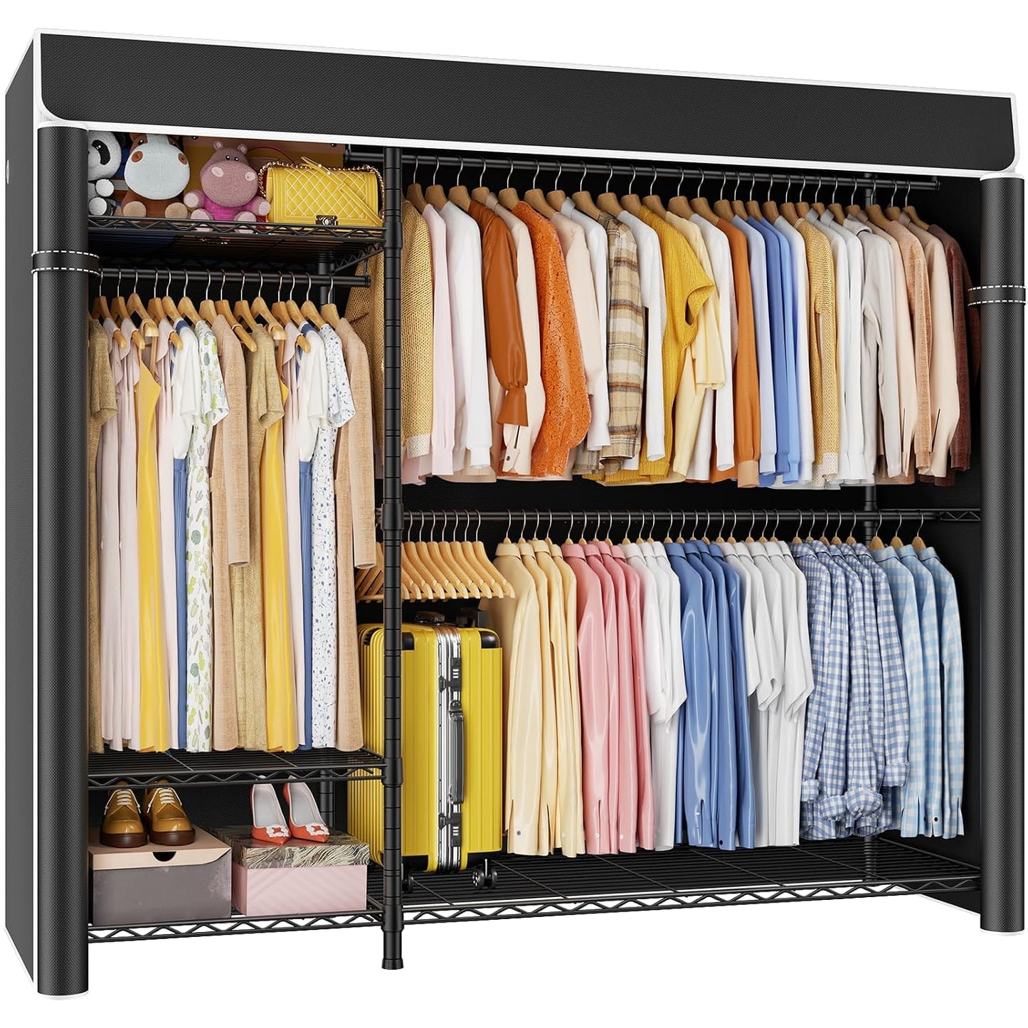 Clothes Rack with Cover Covered Clothing Racks for Hanging Clothes | F7C Plus Heavy Duty Garment Rack, Adjustable Shelves and Rods Max Load 790 Lbs, Black Portable Closet Rack with Black Cover