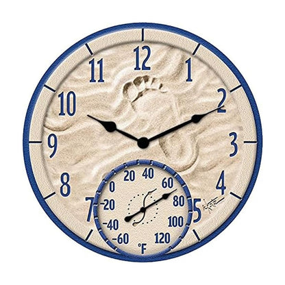 Taylor By The Sea Poly Resin Indoor and Outdoor Clock and Thermometer, Decorative and Easy to Read Large Numbers for Kitchen, Bathroom, Living Room and Indoor Areas, 14-inch, Multi-Color
