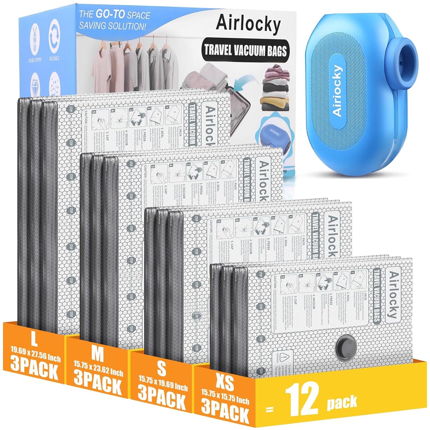 Travel Vacuum Bags with Rechargeable Pump, 12 Pack Compression Packing Bags with 35KPA Electric Pump, 90% Space Saver for Clothes, Vacuum Seal Bags fo Carry-on Luggage Suitcase