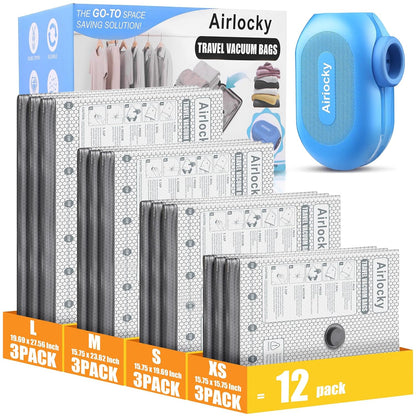 Travel Vacuum Bags with Rechargeable Pump, 12 Pack Compression Packing Bags with 35KPA Electric Pump, 90% Space Saver for Clothes, Vacuum Seal Bags fo Carry-on Luggage Suitcase